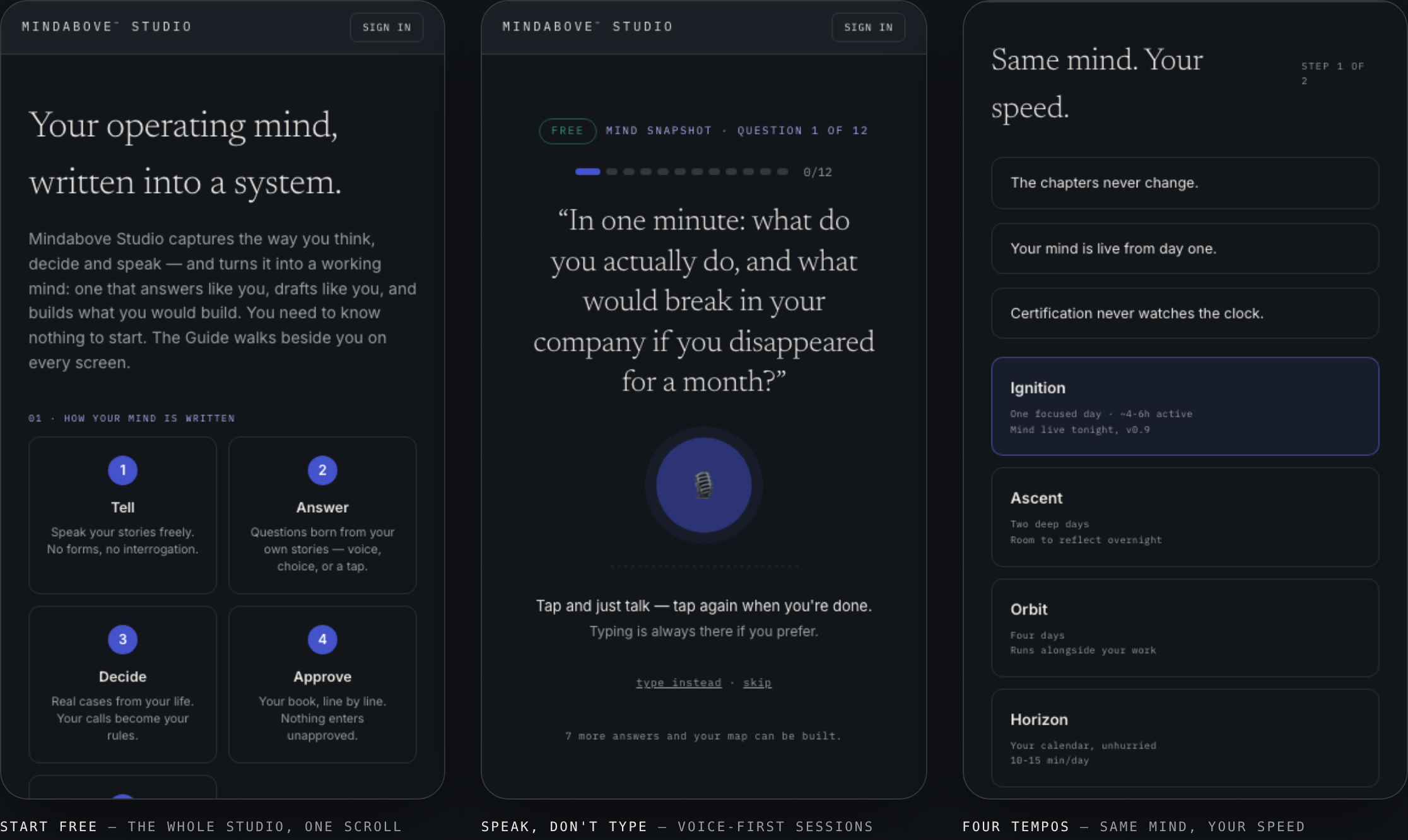 Mindabove Studio screens: welcome, voice Snapshot question, tempo selection